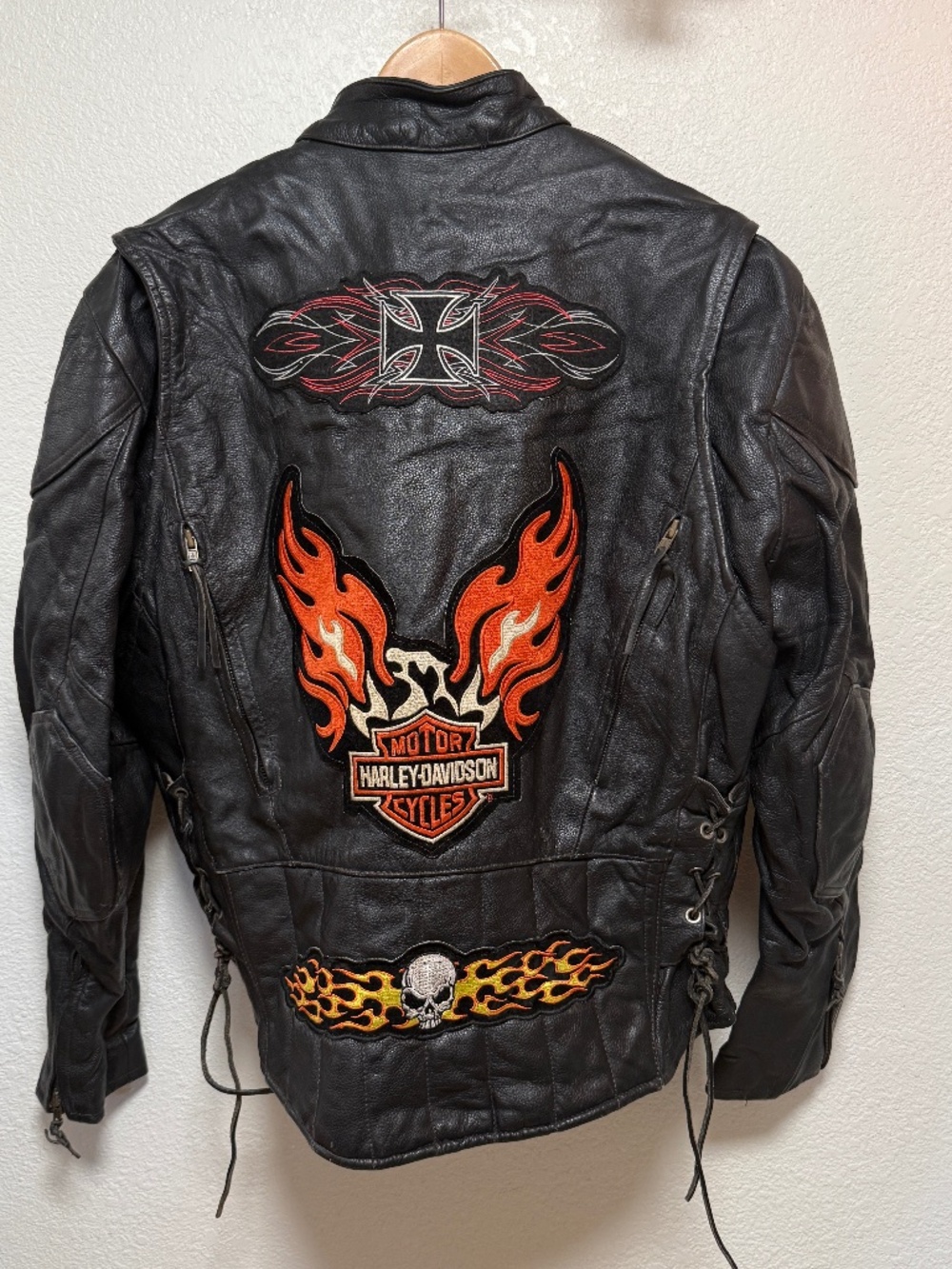 LEATHER KING Harley Davidson Patch Leather Biker Moto Flame Jacket Mens 44